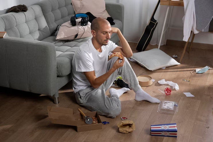 A Person Eating pizza on floor